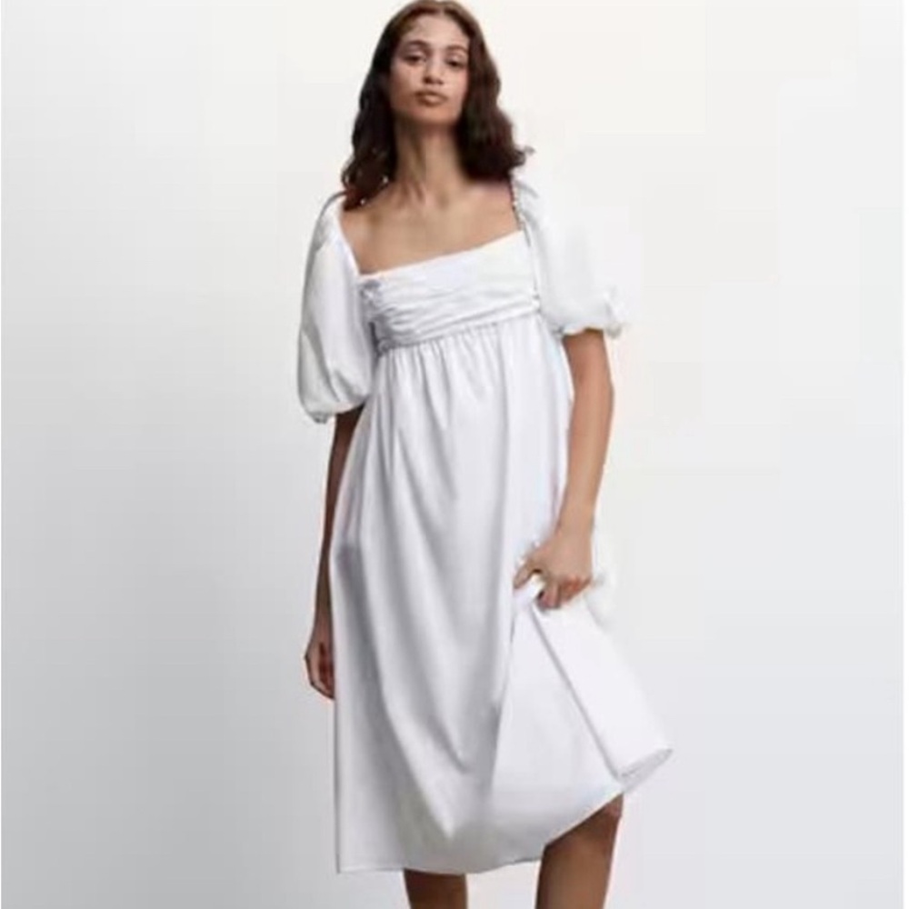 Mango EUC Off Shoulder Puffed Sleeves Cotton Dress White Size S Midi